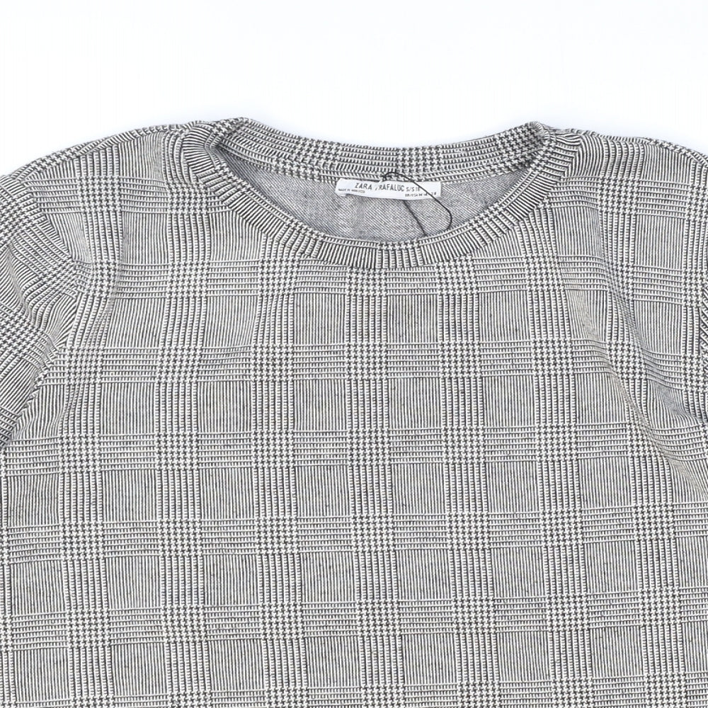 Zara Womens Grey Check Polyester Basic T-Shirt Size M Round Neck