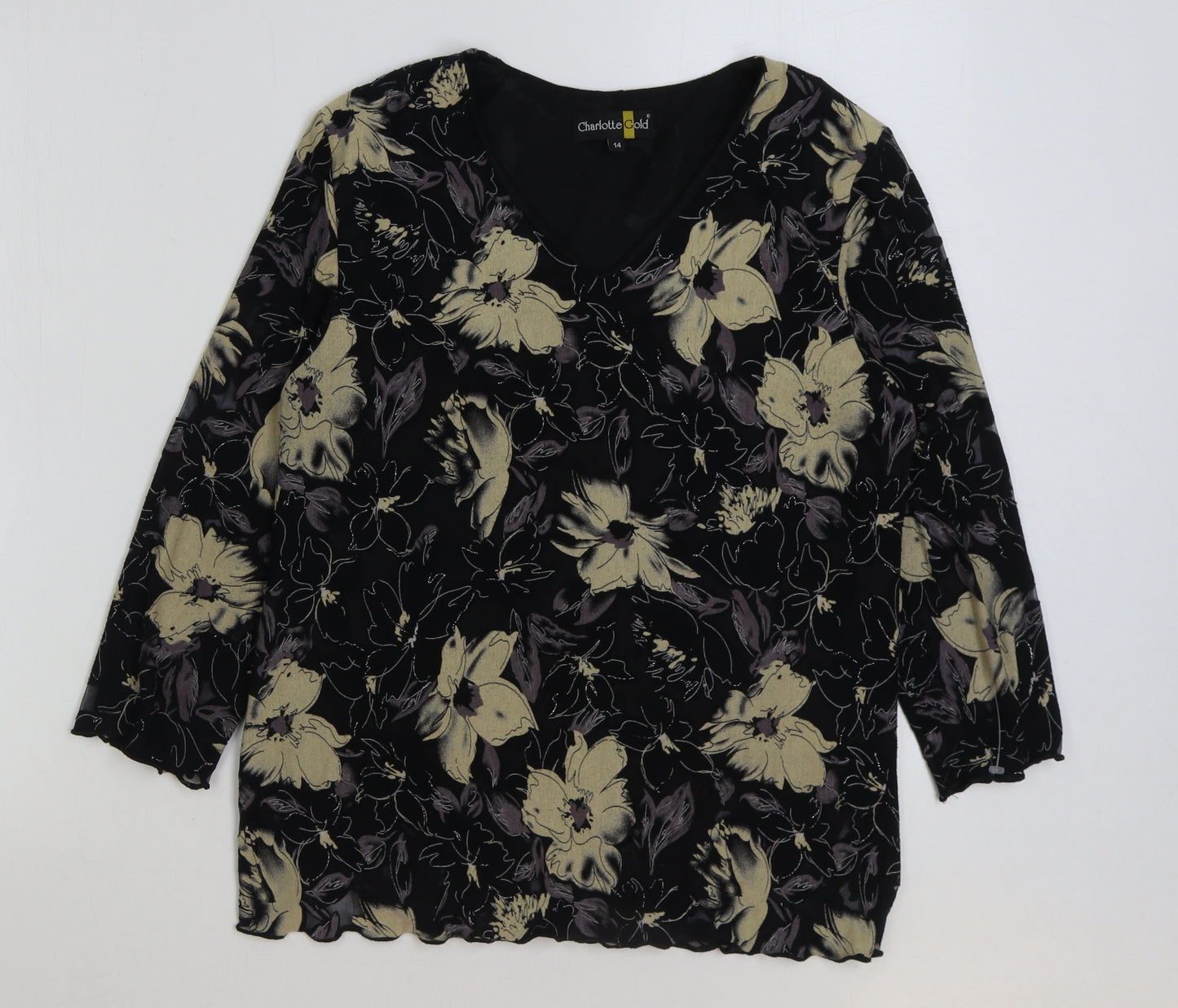 Charlotte Gold Womens Black Floral Polyester Basic T-Shirt Size 14 Scoop Neck
