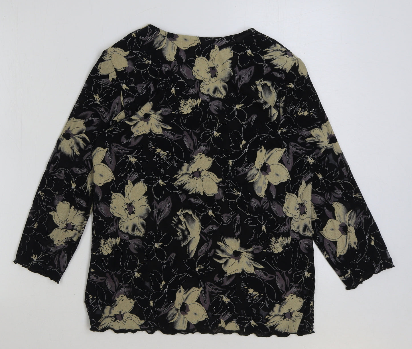 Charlotte Gold Womens Black Floral Polyester Basic T-Shirt Size 14 Scoop Neck