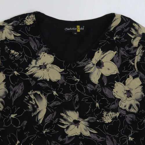 Charlotte Gold Womens Black Floral Polyester Basic T-Shirt Size 14 Scoop Neck