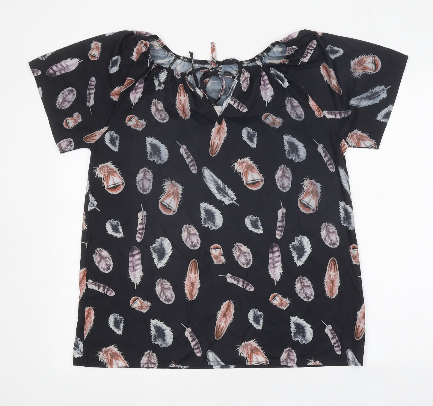 Preworn Womens Black Geometric Polyester Basic T-Shirt Size XL Round Neck - Feather Print