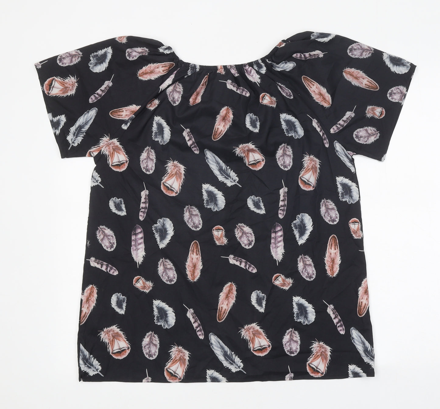 Preworn Womens Black Geometric Polyester Basic T-Shirt Size XL Round Neck - Feather Print