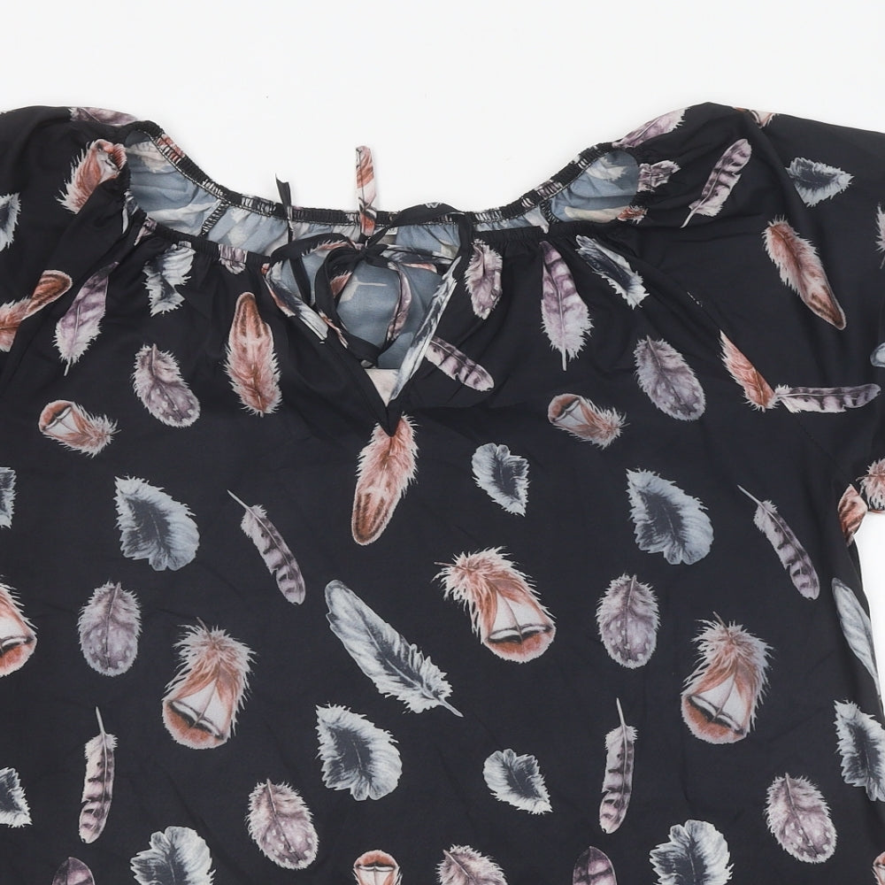 Preworn Womens Black Geometric Polyester Basic T-Shirt Size XL Round Neck - Feather Print