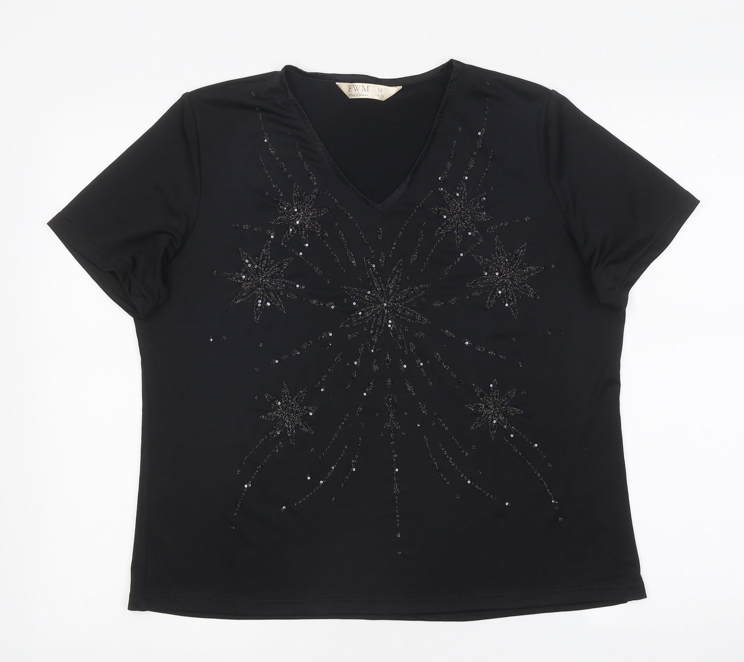 EWM Womens Black Polyester Basic T-Shirt Size M Round Neck