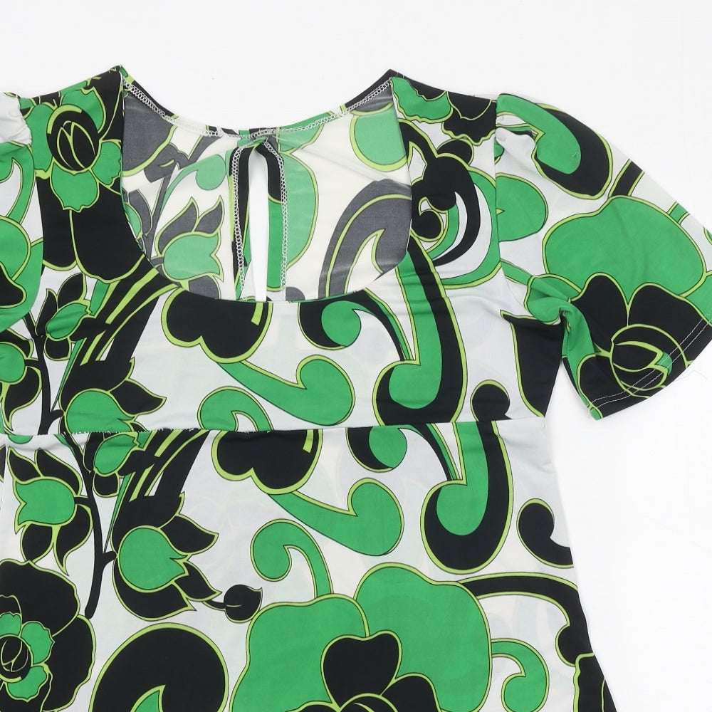 George Womens Green Geometric Polyester A-Line Size 14 Scoop Neck Button