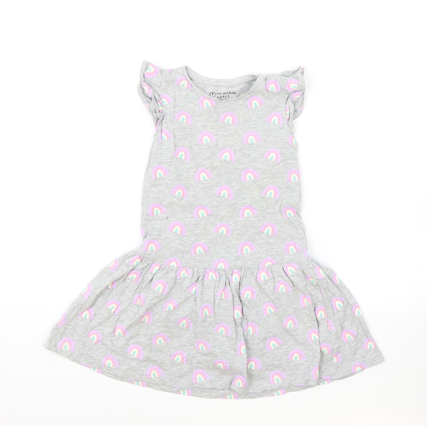 Primark Girls Grey Geometric Cotton Fit & Flare Size 6-7 Years Round Neck Pullover - Rainbow Print