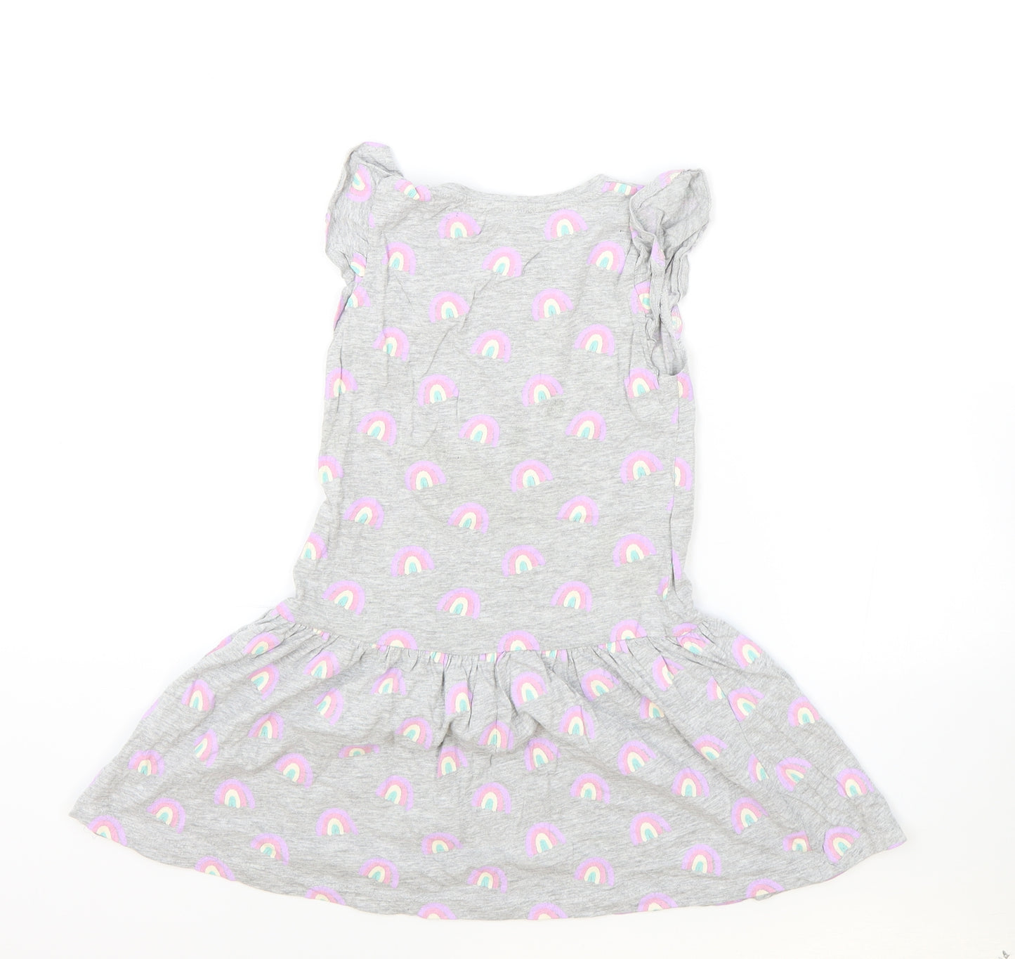 Primark Girls Grey Geometric Cotton Fit & Flare Size 6-7 Years Round Neck Pullover - Rainbow Print
