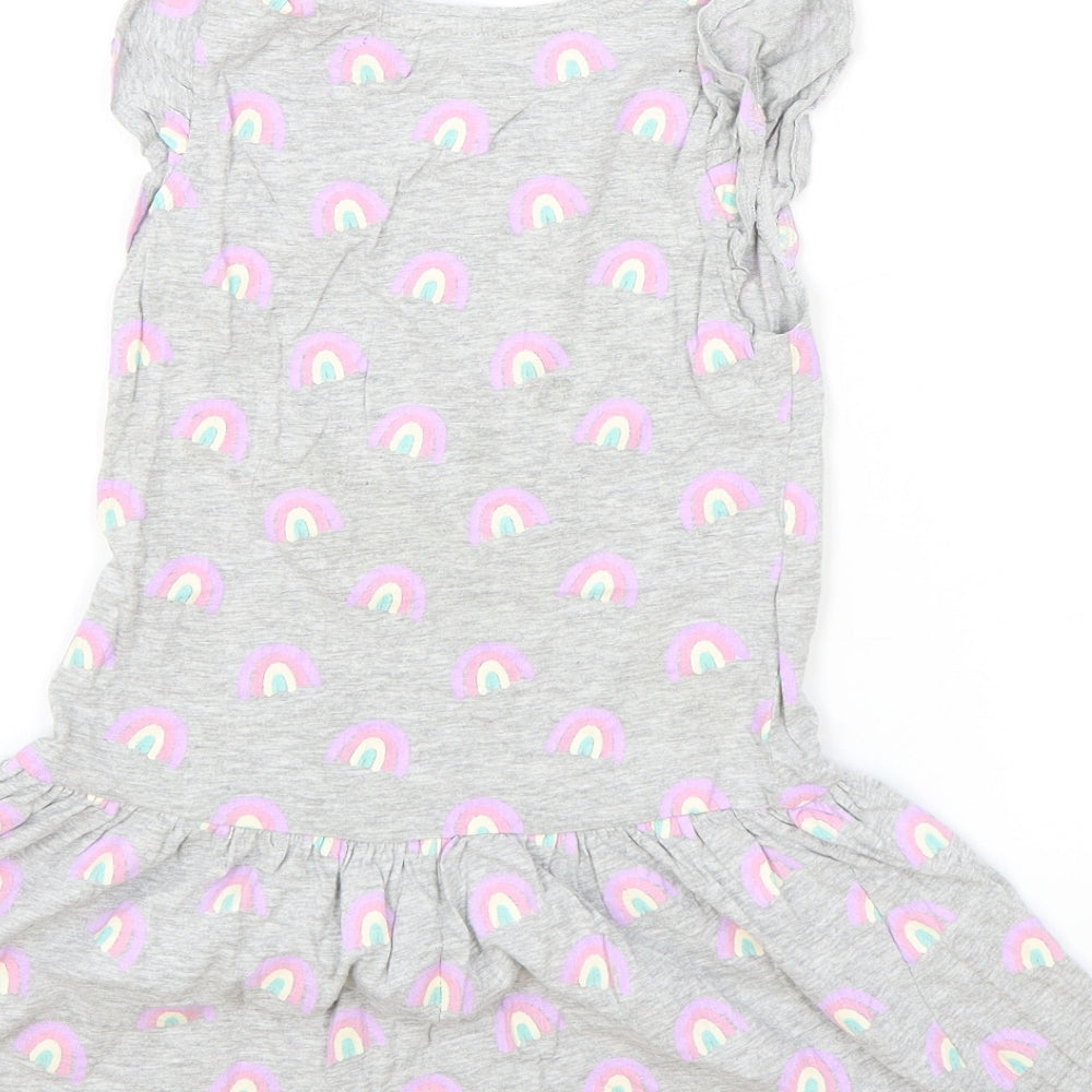Primark Girls Grey Geometric Cotton Fit & Flare Size 6-7 Years Round Neck Pullover - Rainbow Print