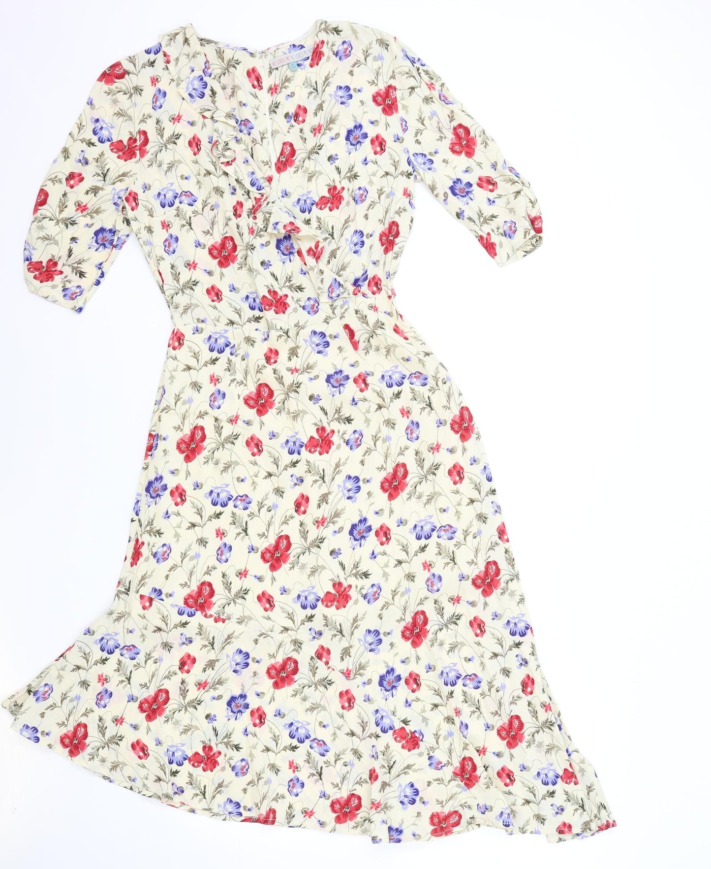 He Loves Me He Loves Me Not Womens Beige Floral Viscose Fit & Flare Size XS V-Neck Pullover
