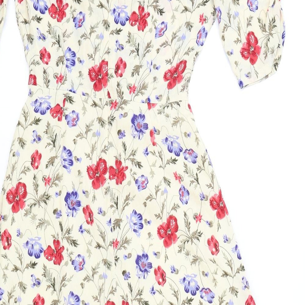 He Loves Me He Loves Me Not Womens Beige Floral Viscose Fit & Flare Size XS V-Neck Pullover