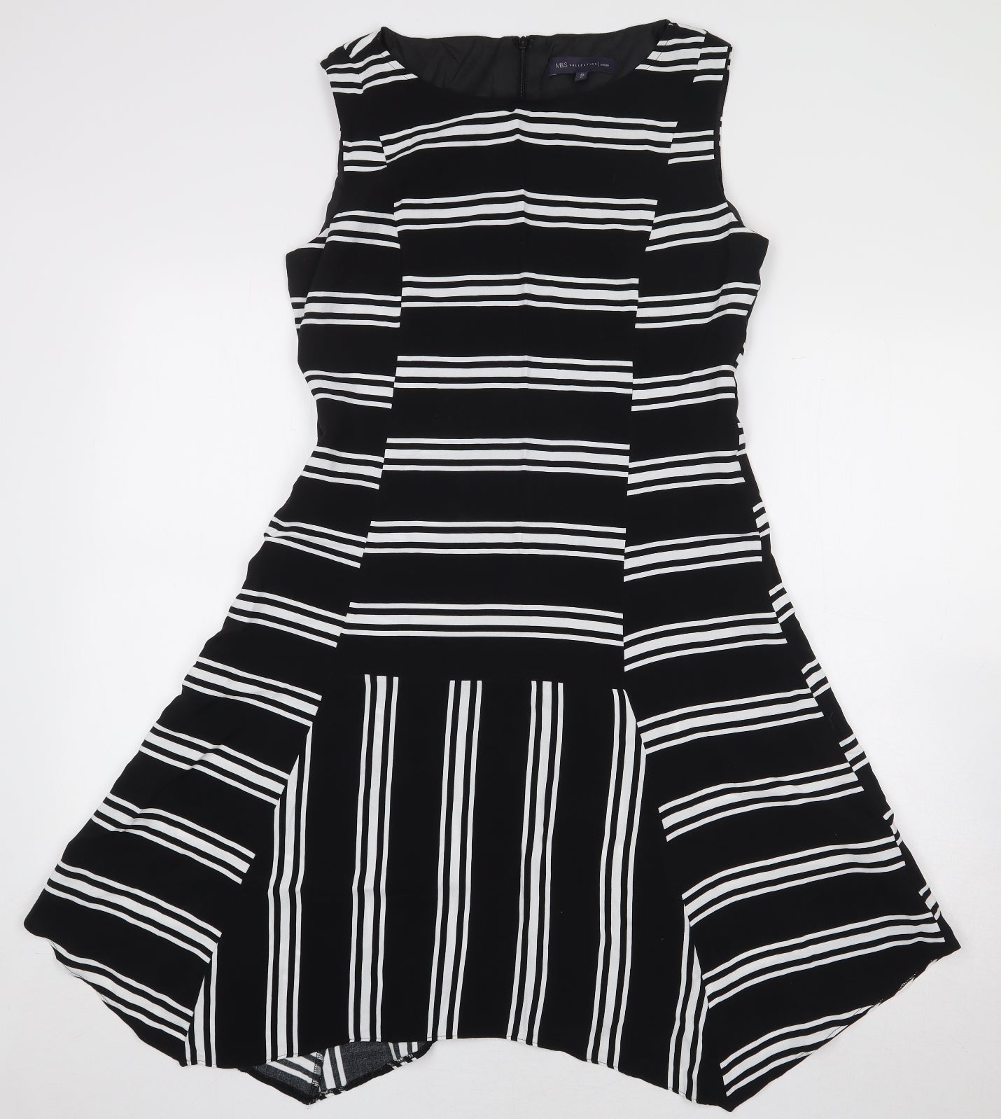 Marks and Spencer Womens Black Striped Viscose A-Line Size 10 Boat Neck Zip