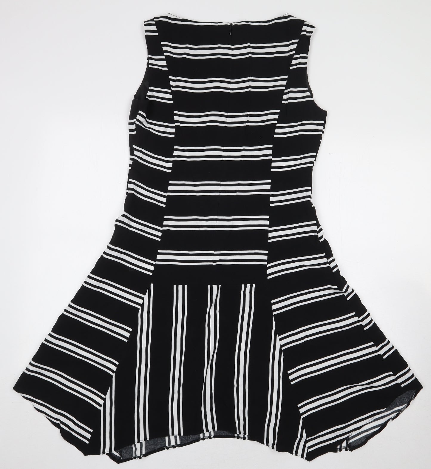 Marks and Spencer Womens Black Striped Viscose A-Line Size 10 Boat Neck Zip