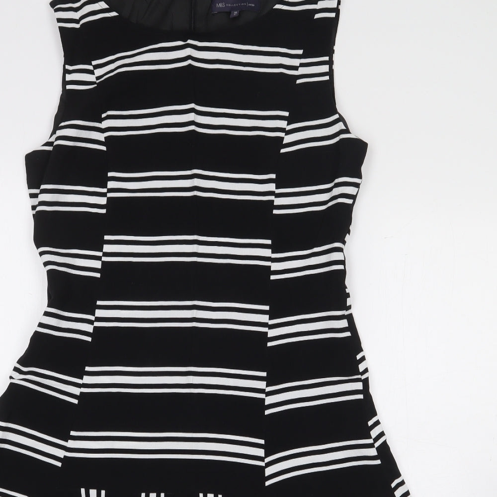 Marks and Spencer Womens Black Striped Viscose A-Line Size 10 Boat Neck Zip