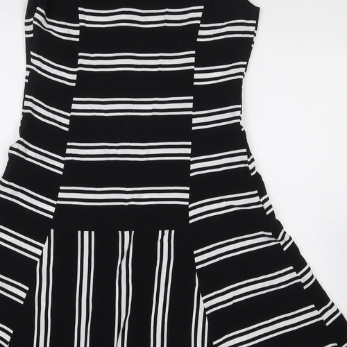 Marks and Spencer Womens Black Striped Viscose A-Line Size 10 Boat Neck Zip