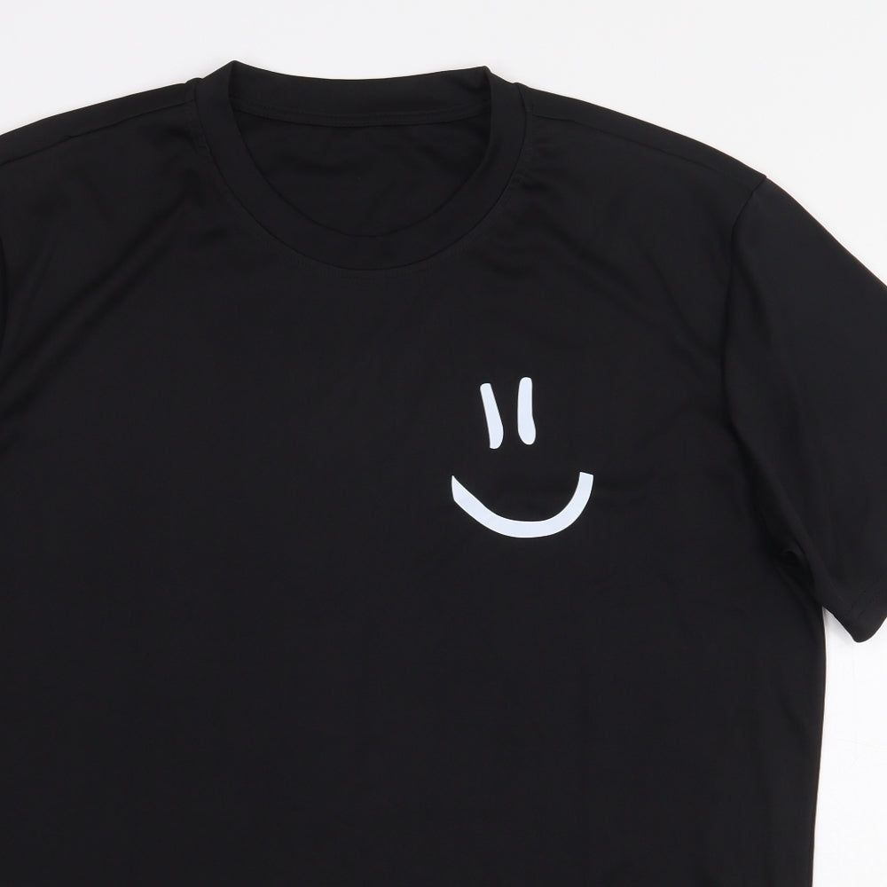 Preworn Mens Black Polyester T-Shirt Size L Round Neck - Smiley Face