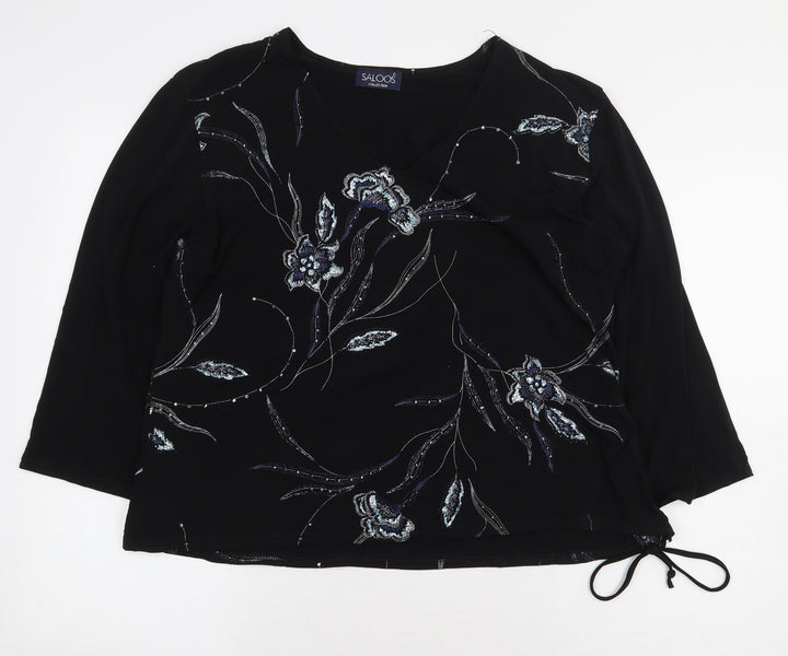 Saloos Womens Black Floral Polyester Basic Blouse Size 2XL V-Neck