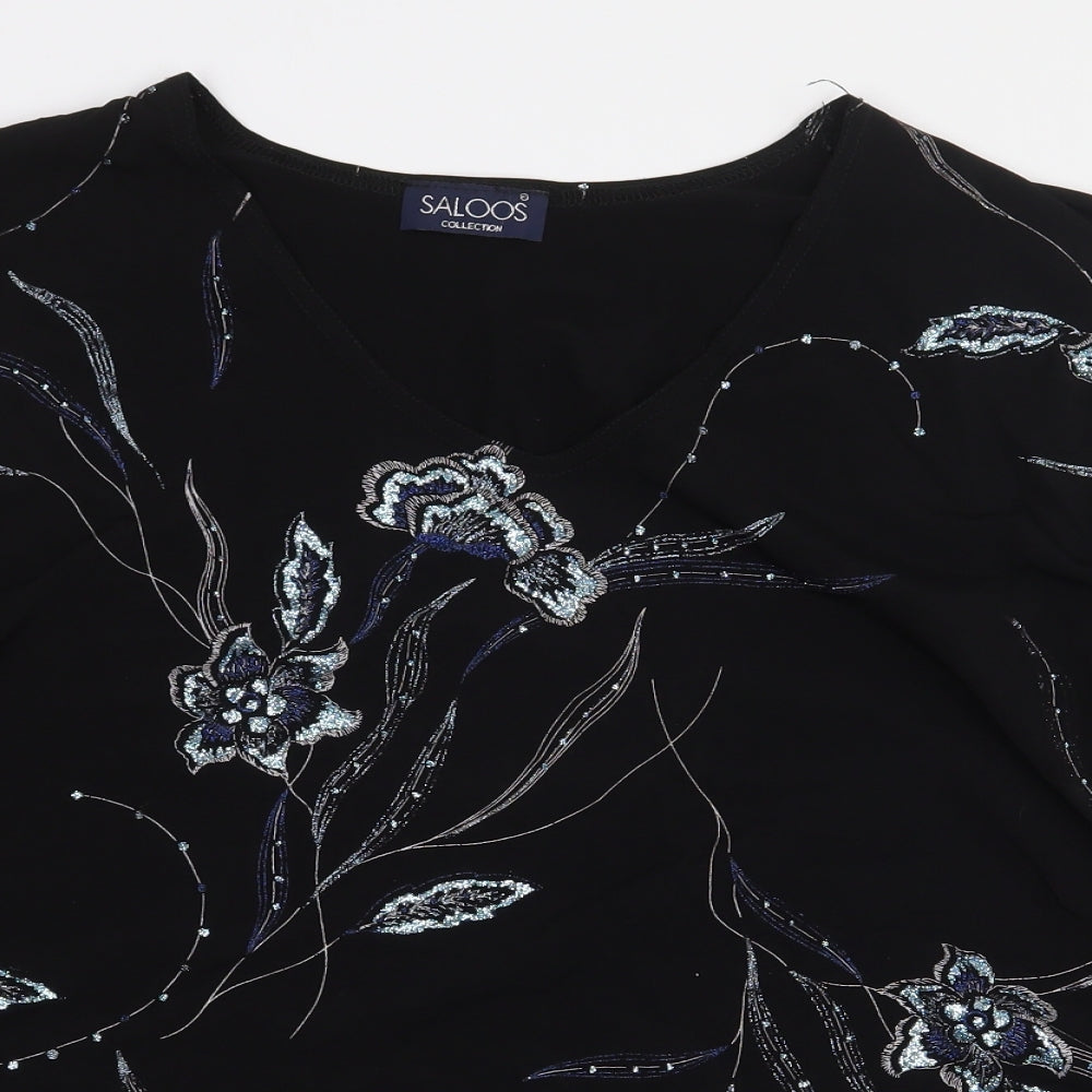 Saloos Womens Black Floral Polyester Basic Blouse Size 2XL V-Neck