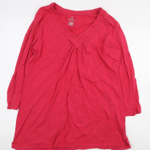Lands' End Womens Pink Cotton Basic T-Shirt Size L V-Neck - Lace Detail