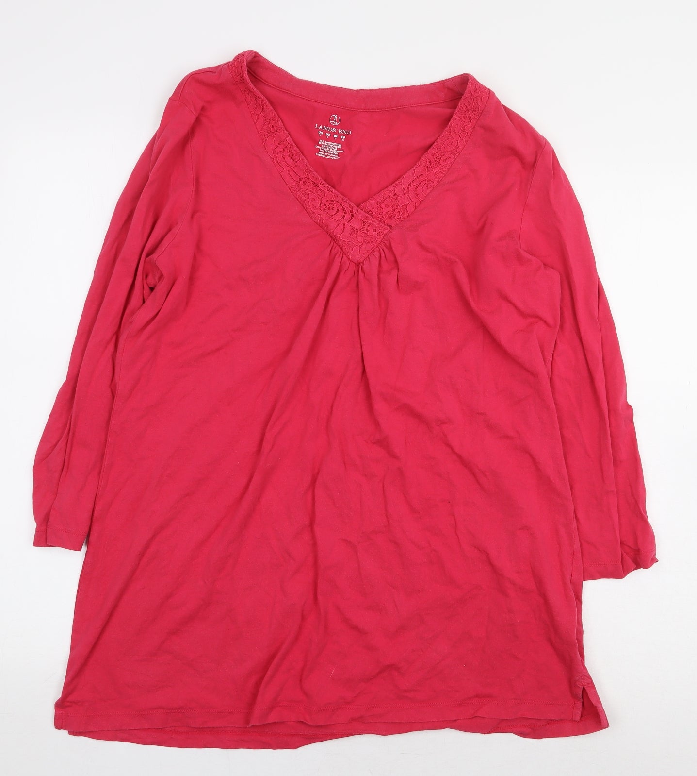 Lands' End Womens Pink Cotton Basic T-Shirt Size L V-Neck - Lace Detail
