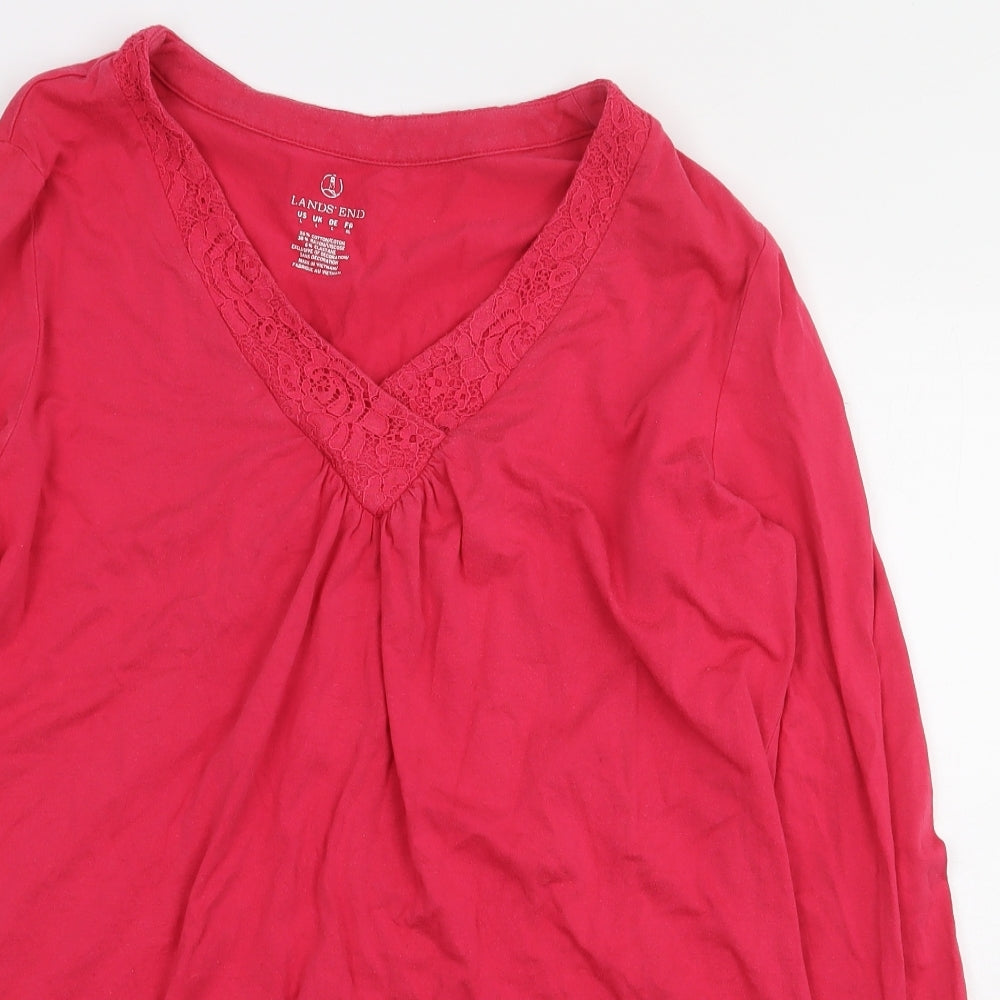 Lands' End Womens Pink Cotton Basic T-Shirt Size L V-Neck - Lace Detail