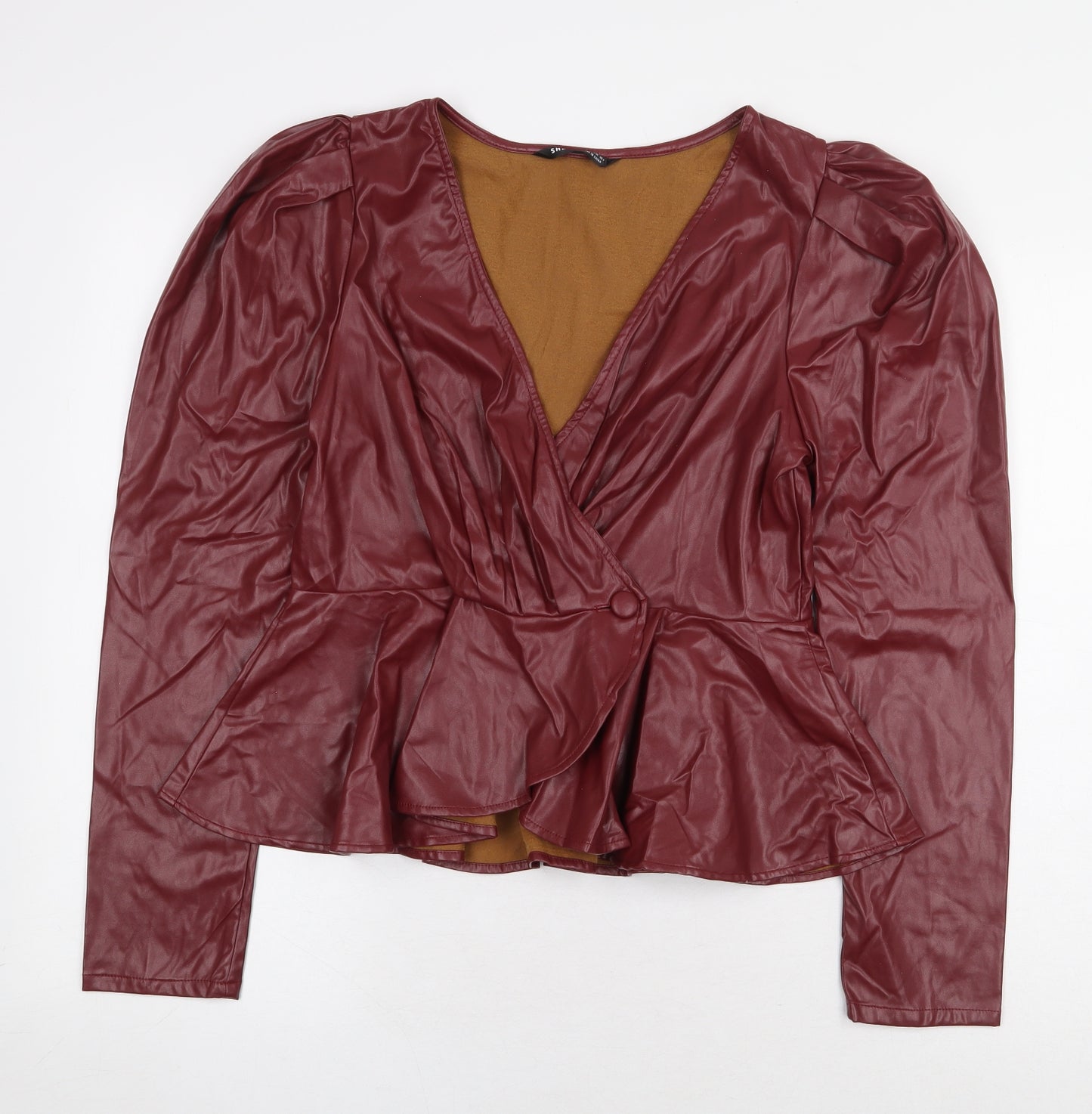 SheIn Womens Red Patent Leather Basic Button-Up Size M V-Neck - Leather Look