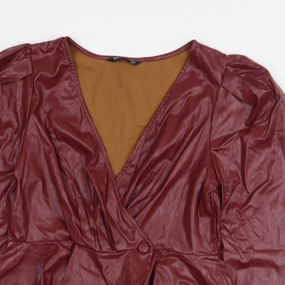 SheIn Womens Red Patent Leather Basic Button-Up Size M V-Neck - Leather Look
