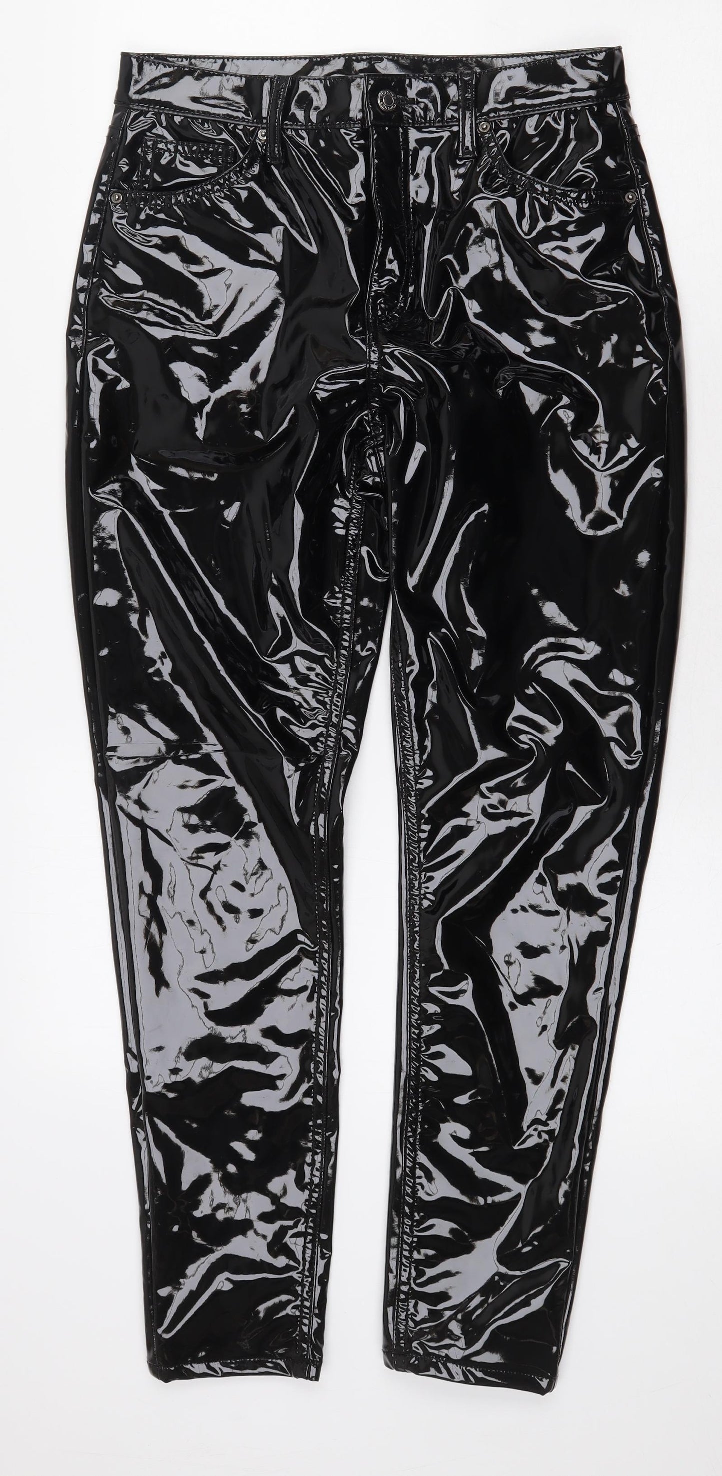 Topshop Womens Black Polyester Trousers Size 28 in L26 in Regular Zip - Wet Look, Leather
