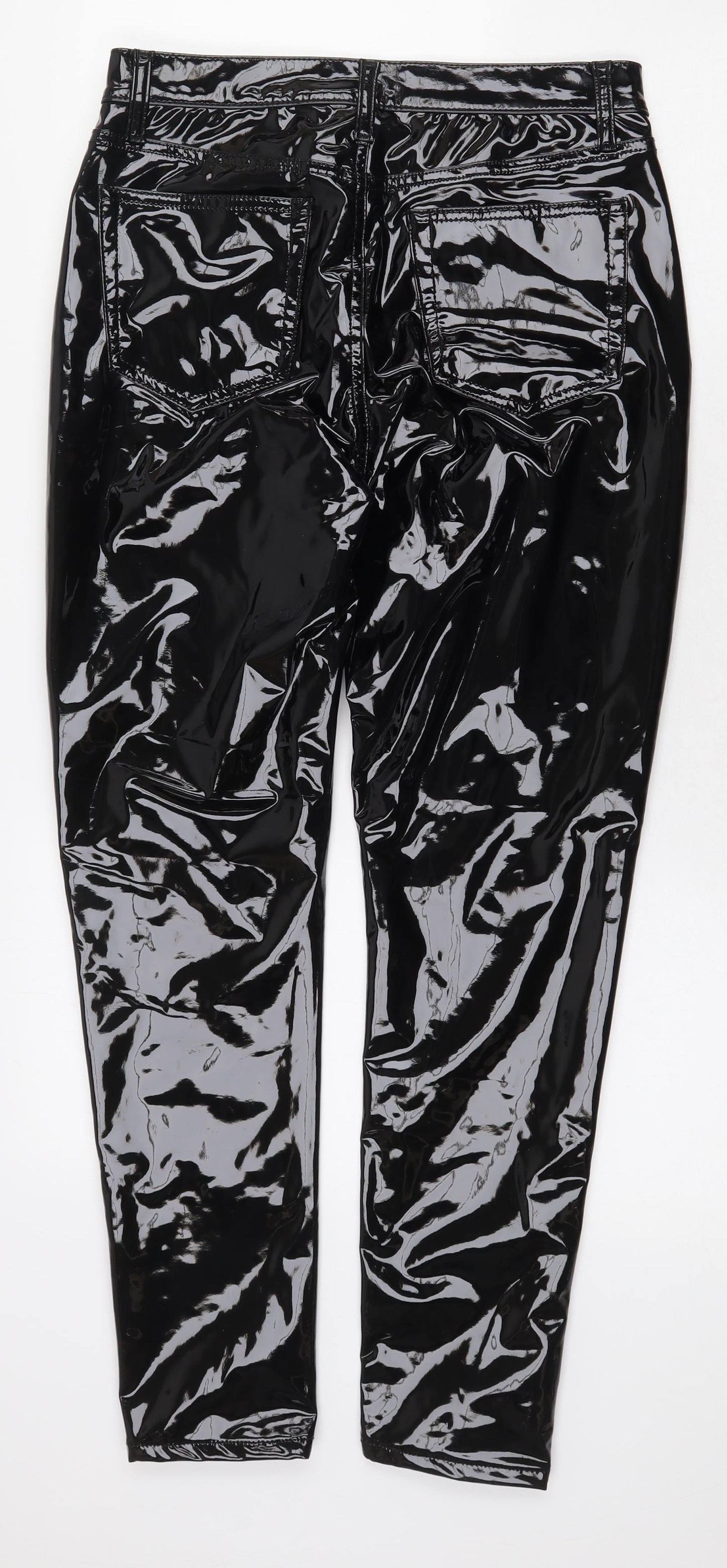 Topshop Womens Black Polyester Trousers Size 28 in L26 in Regular Zip - Wet Look, Leather