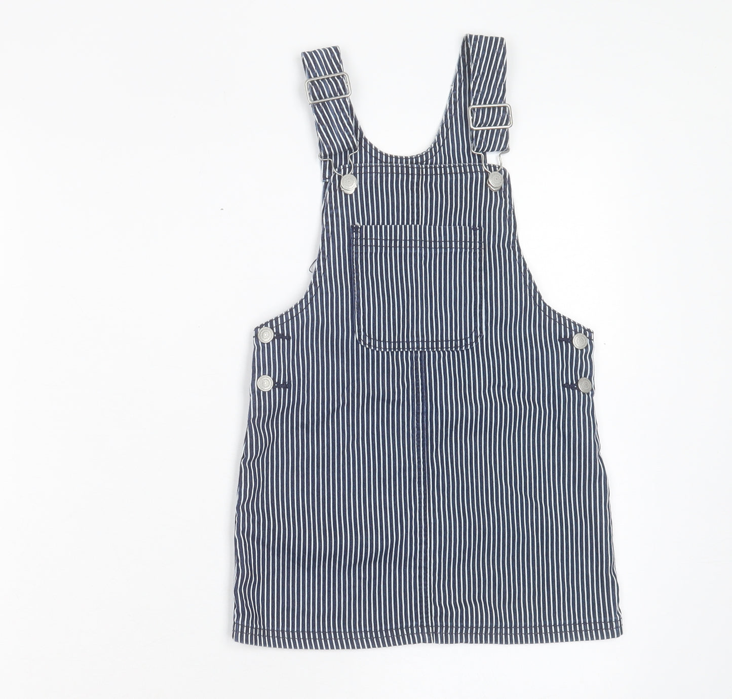 H&T Girls Blue Striped Cotton Pinafore/Dungaree Dress Size 6 Years Square Neck Buckle