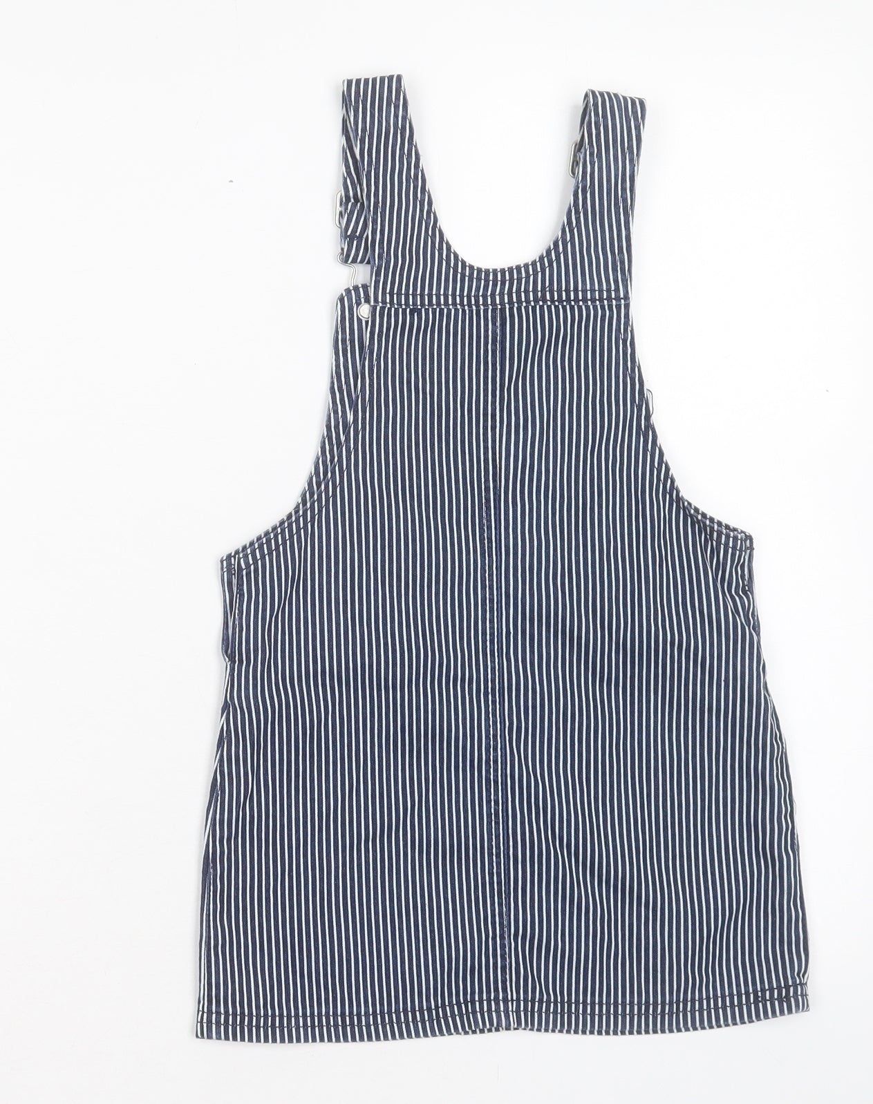 H&T Girls Blue Striped Cotton Pinafore/Dungaree Dress Size 6 Years Square Neck Buckle