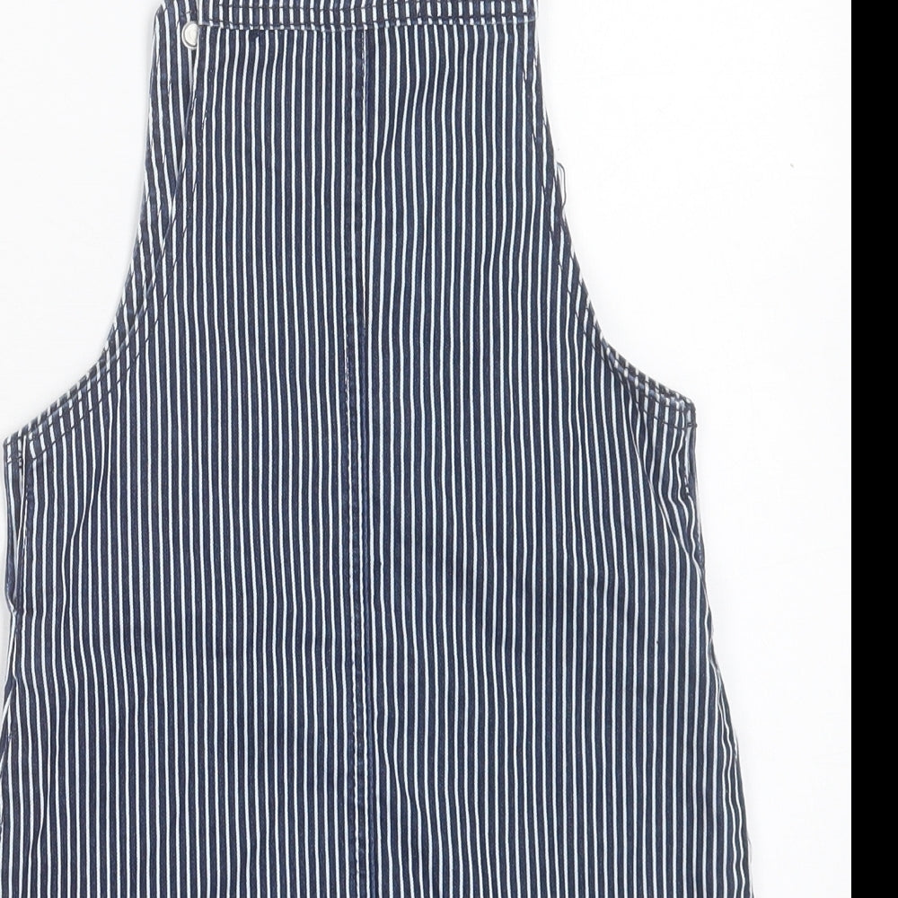 H&T Girls Blue Striped Cotton Pinafore/Dungaree Dress Size 6 Years Square Neck Buckle