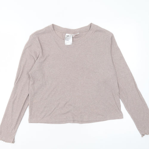 H&M Womens Beige Polyester Cropped T-Shirt Size L Crew Neck