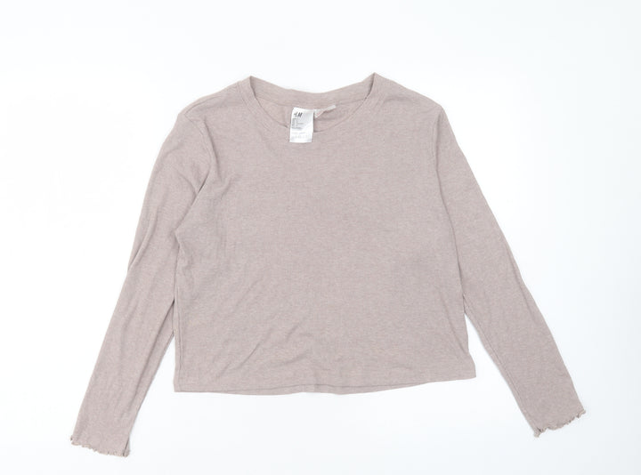 H&M Womens Beige Polyester Cropped T-Shirt Size L Crew Neck