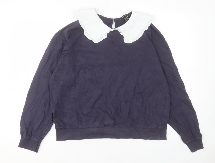 New Look Womens Blue Cotton Pullover Sweatshirt Size M Button