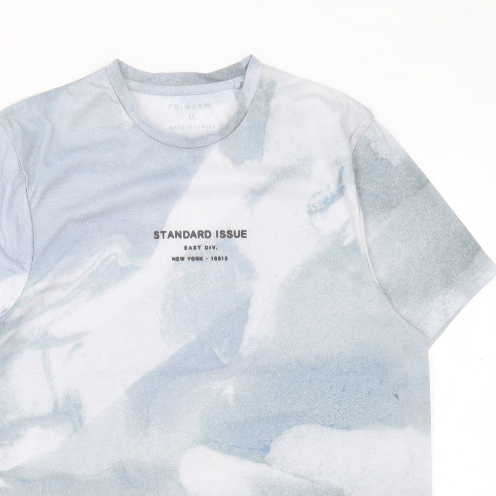 Primark Mens Blue Geometric Polyester T-Shirt Size M Crew Neck - Standard Issue