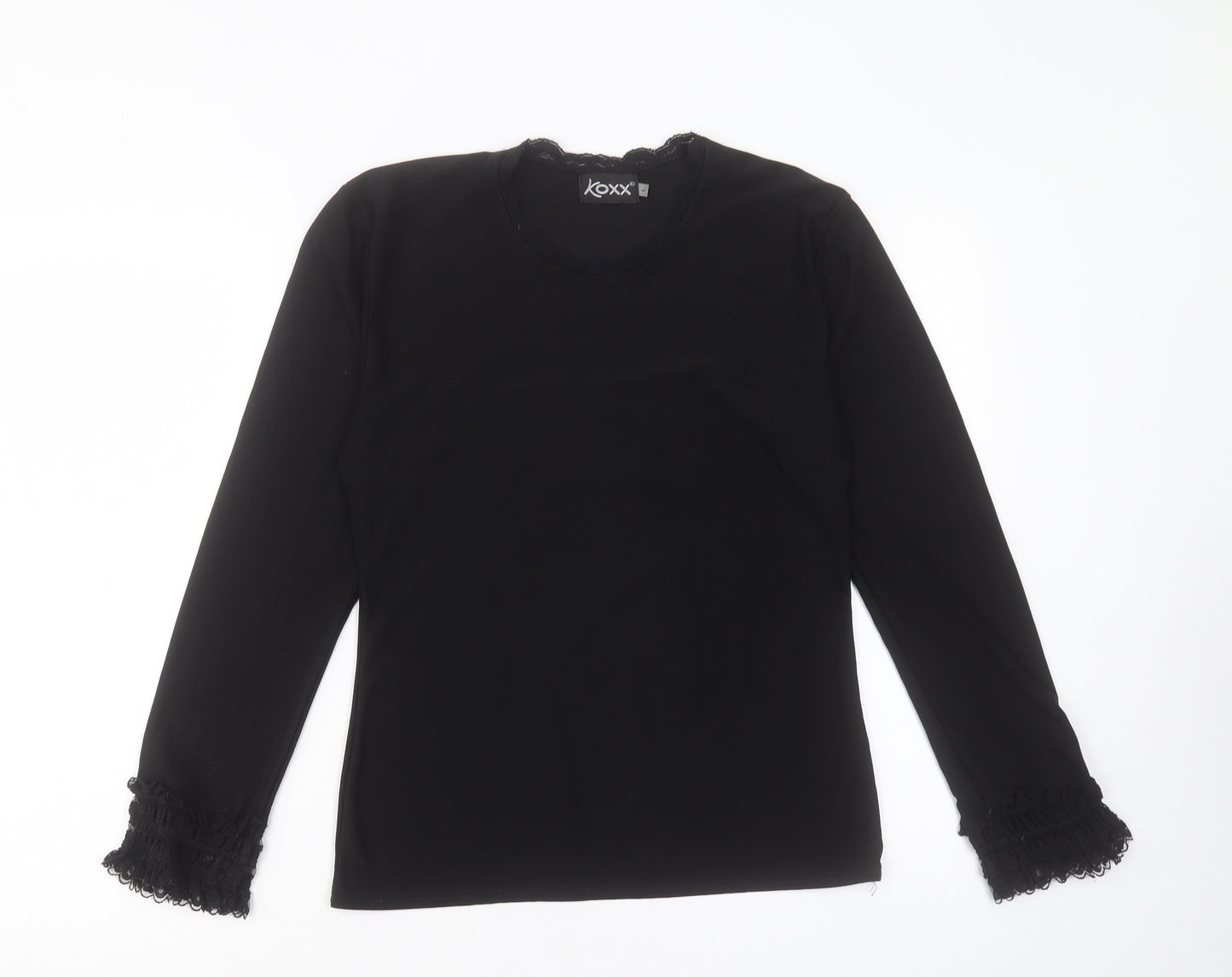 KOXX Womens Black Polyester Basic T-Shirt Size L Crew Neck - Lace Detail