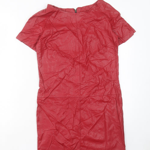 Preworn Womens Red Polyester Shift Size S Boat Neck Zip - Leather Look