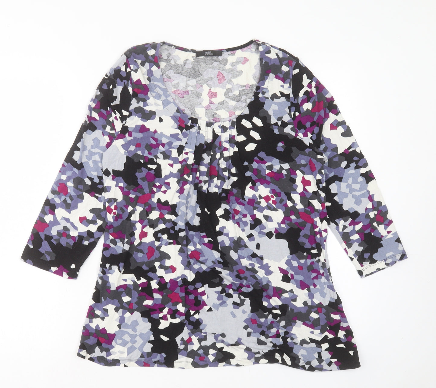 Marks and Spencer Womens Purple Geometric Viscose Basic T-Shirt Size 14 Scoop Neck