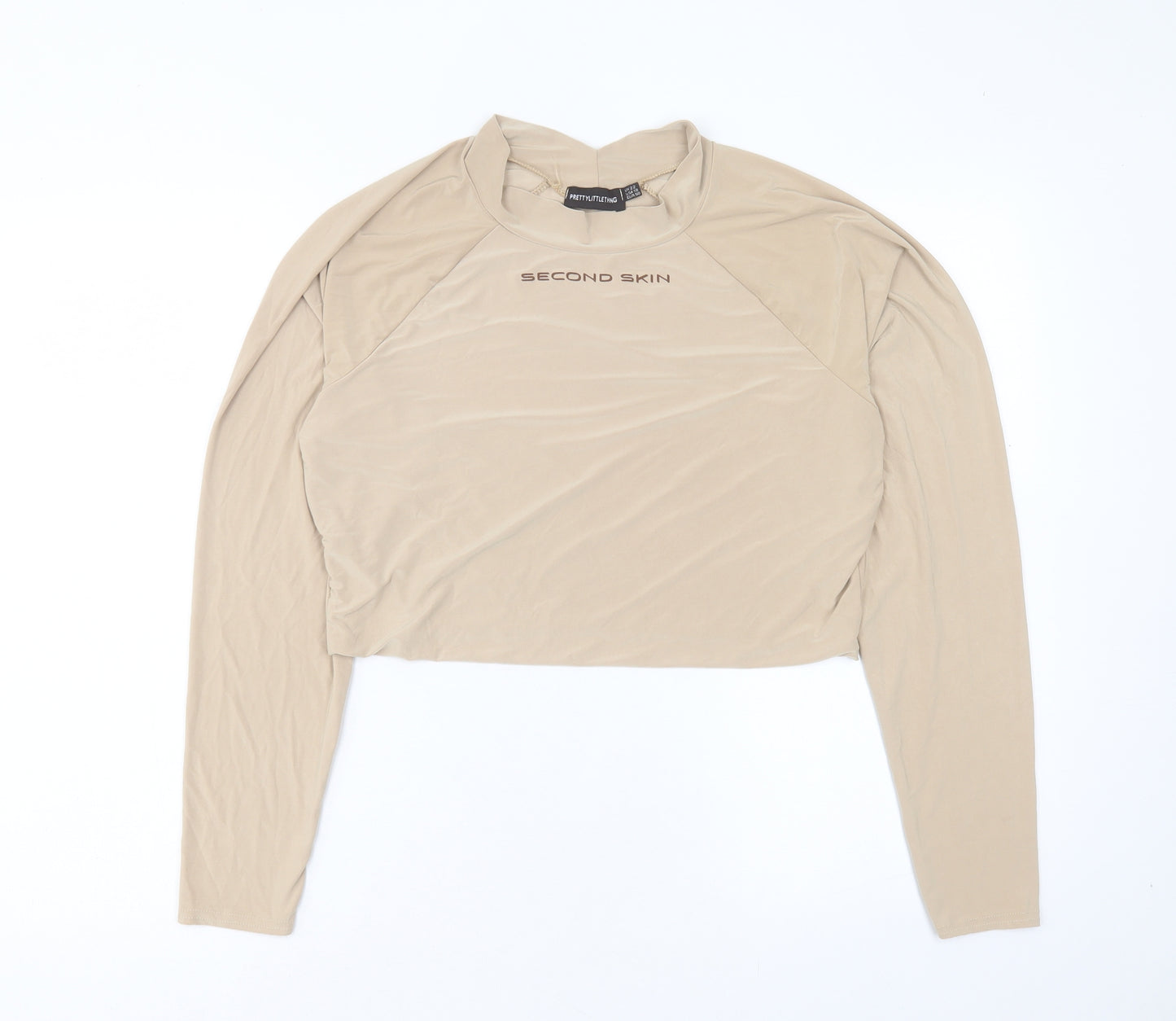 PRETTYLITTLETHING Womens Beige Polyester Cropped T-Shirt Size 22 Round Neck - Second Skin