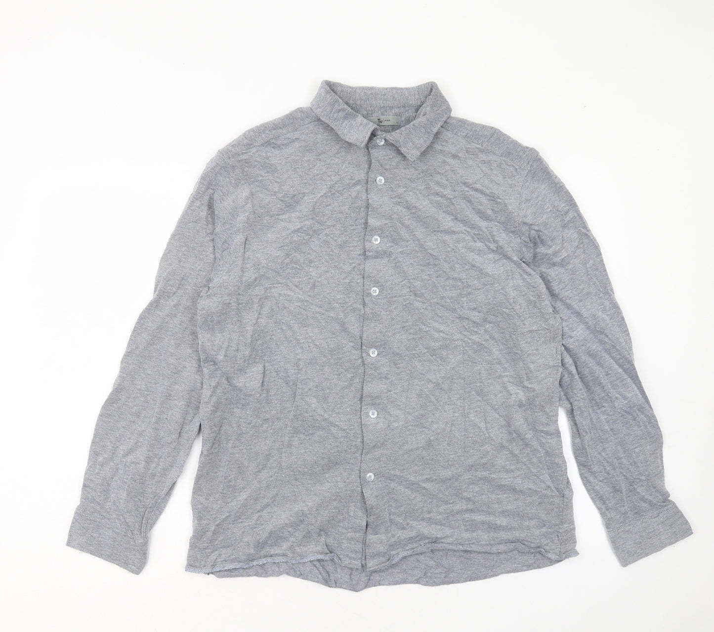 TU Mens Grey Cotton Button-Up Size L Collared Button