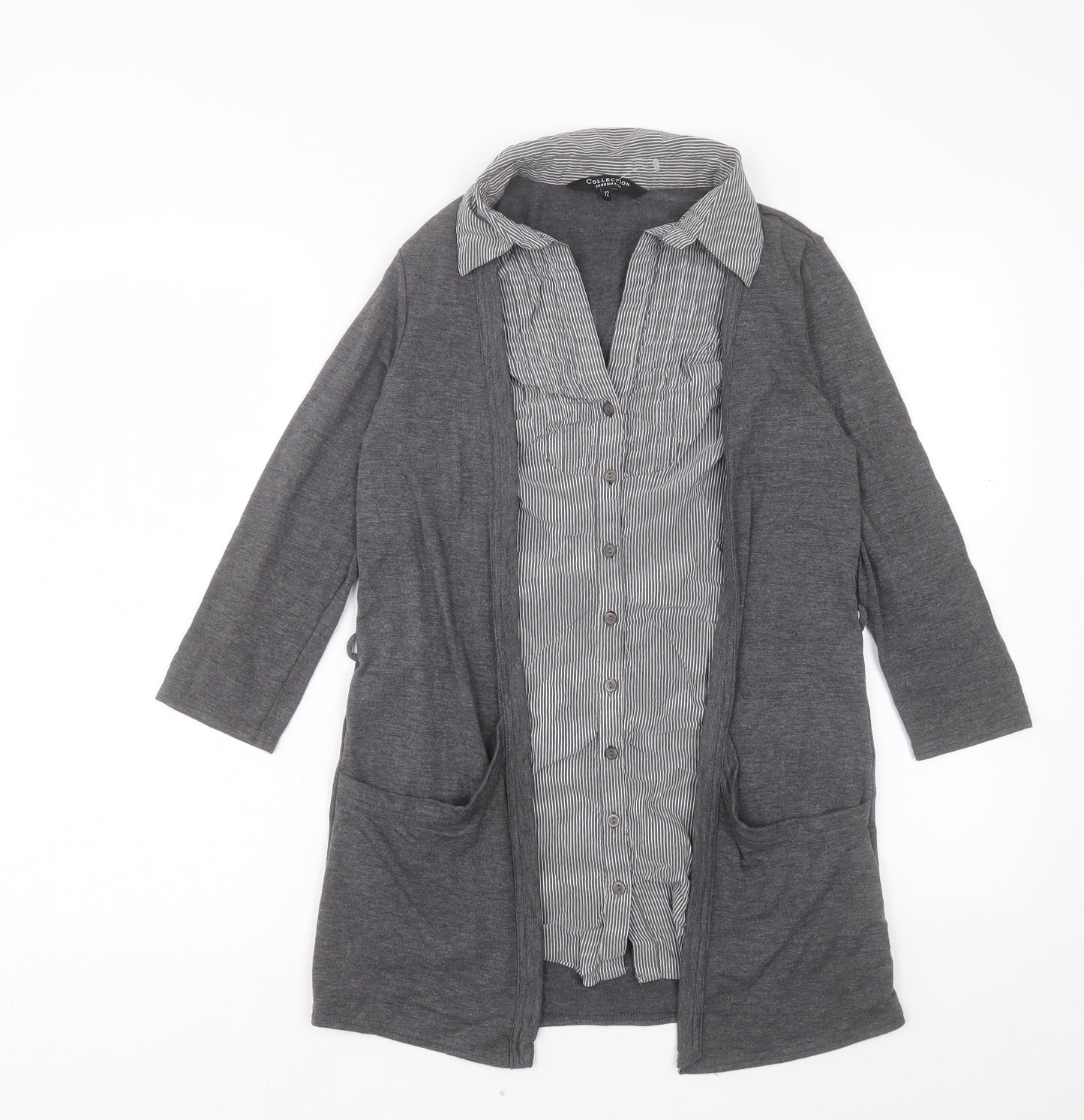 Debenhams Womens Grey Striped Viscose Tunic T-Shirt Size 12 Collared