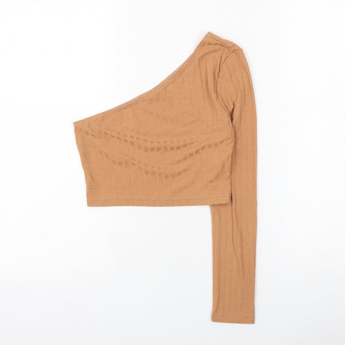 SheIn Womens Brown Polyester Cropped T-Shirt Size S One Shoulder