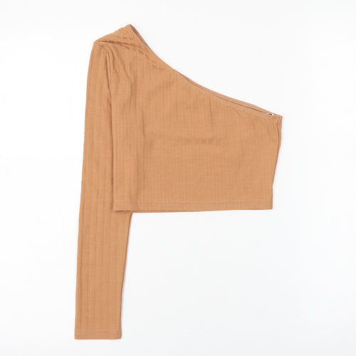 SheIn Womens Brown Polyester Cropped T-Shirt Size S One Shoulder