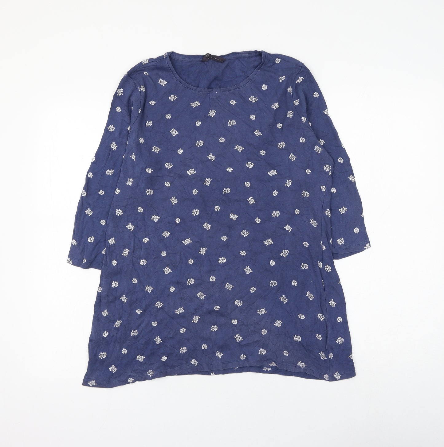 Marks and Spencer Womens Blue Geometric Cotton Basic T-Shirt Size 14 Round Neck