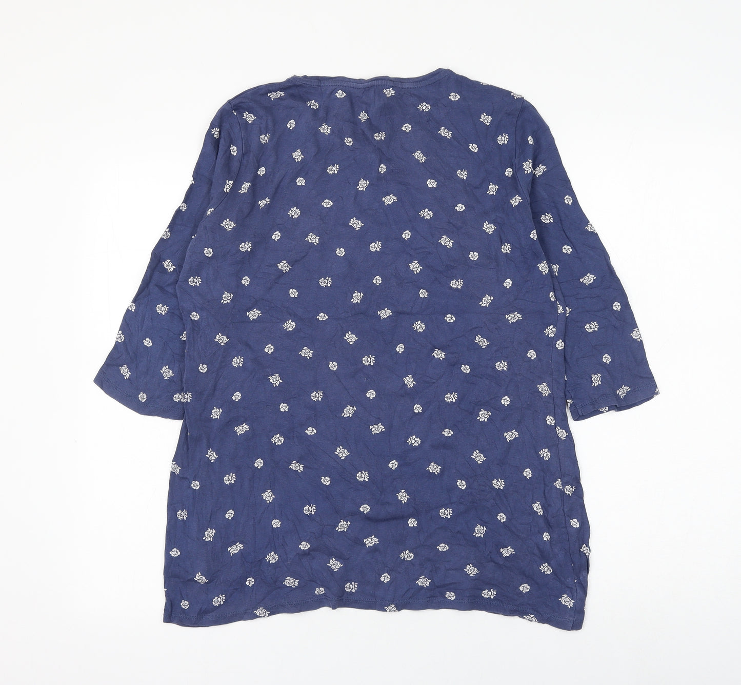Marks and Spencer Womens Blue Geometric Cotton Basic T-Shirt Size 14 Round Neck