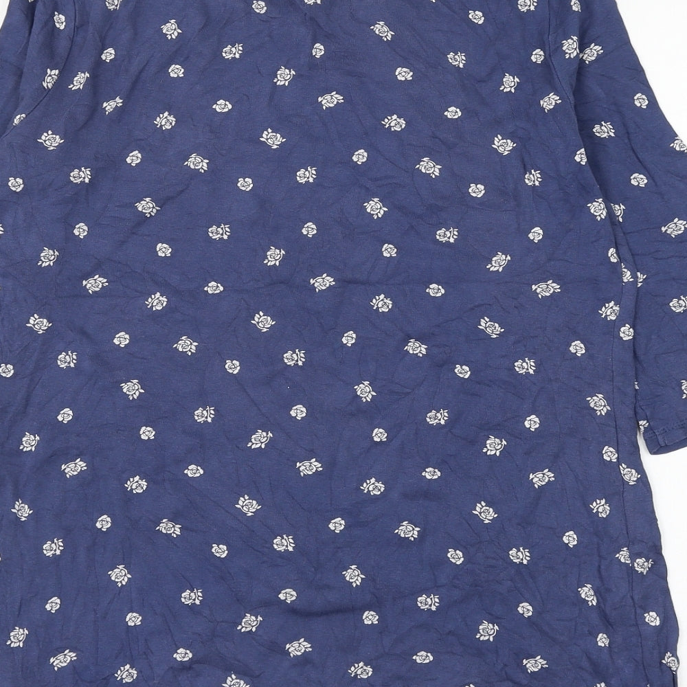 Marks and Spencer Womens Blue Geometric Cotton Basic T-Shirt Size 14 Round Neck