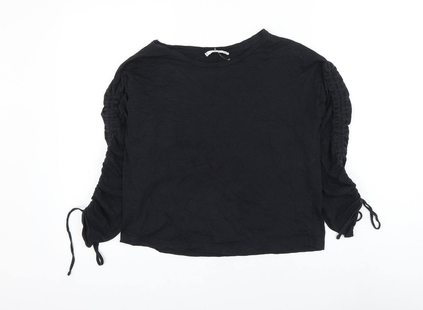 Mango Womens Black Cotton Basic T-Shirt Size S Round Neck - Ruched Sleeve