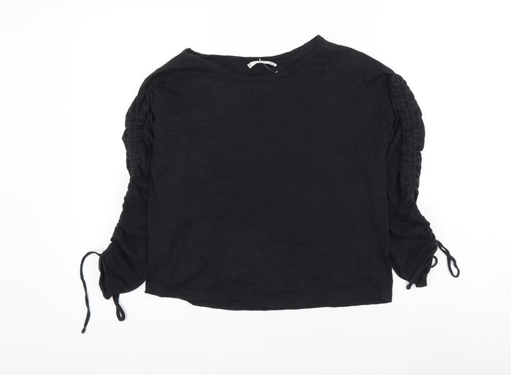 Mango Womens Black Cotton Basic T-Shirt Size S Round Neck - Ruched Sleeve