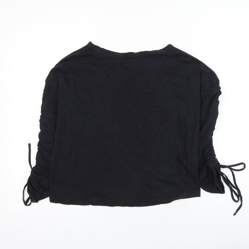 Mango Womens Black Cotton Basic T-Shirt Size S Round Neck - Ruched Sleeve