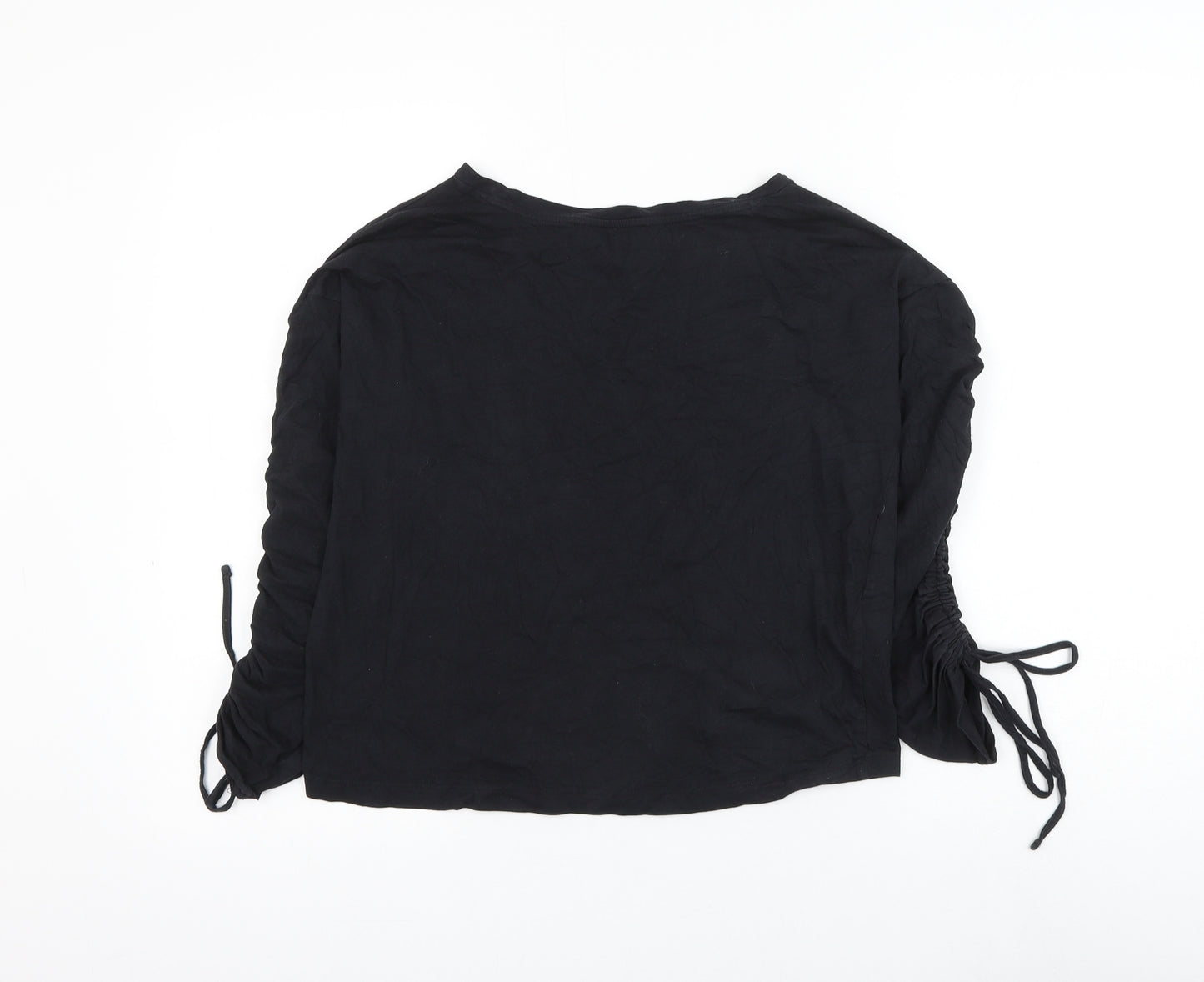 Mango Womens Black Cotton Basic T-Shirt Size S Round Neck - Ruched Sleeve